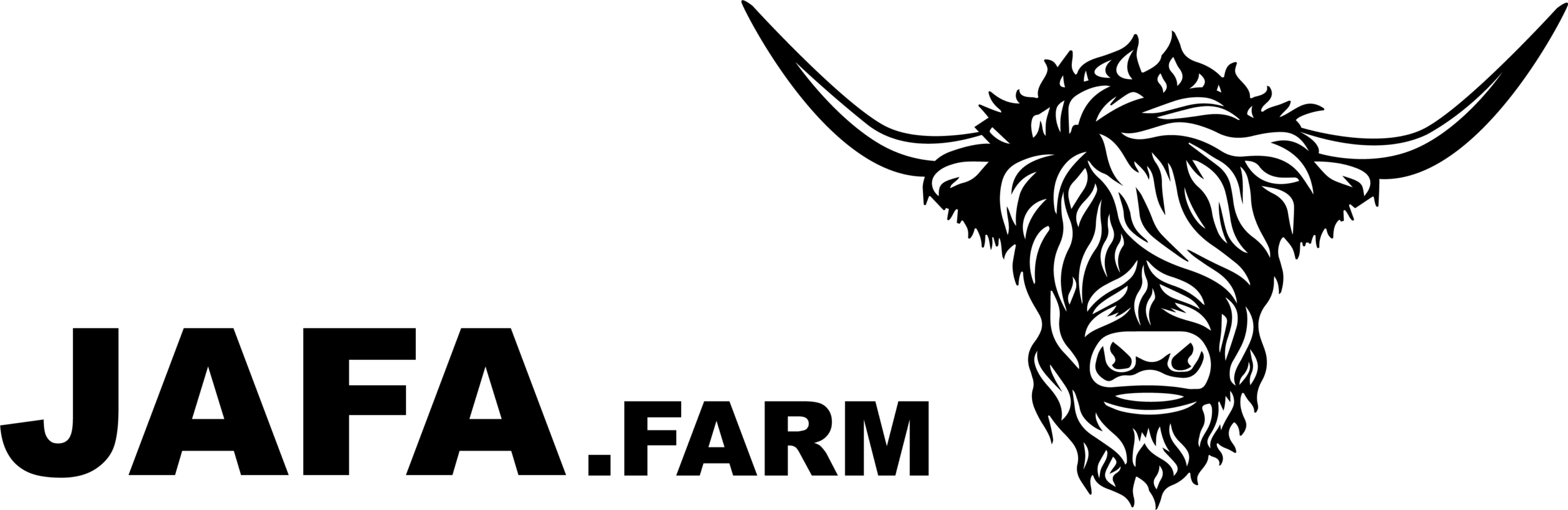 Logo společnosti JAFA Farm s grafikou skotského náhorního skotu. Logo obsahuje název společnosti 'JAFA.FARM' tučným písmem vlevo a siluetu hlavy skotského náhorního skotu s dlouhými rohy vpravo. Silueta je detailně vykreslená, včetně dlouhé srsti a výrazných rohů. Pozadí je bílé a logo je černé, což zajišťuje vysoký kontrast a dobrou viditelnost.